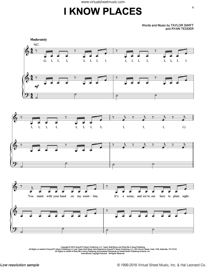 I Know Places sheet music for voice, piano or guitar by Taylor Swift and Ryan Tedder, intermediate skill level