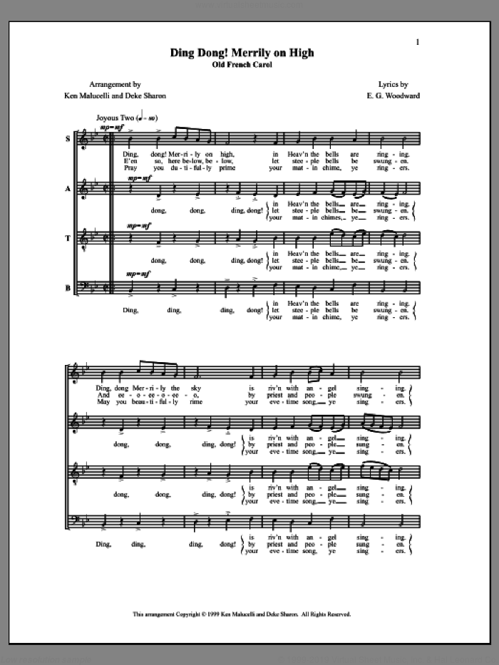 Ding Dong! Merrily On High sheet music for choir (SATB: soprano, alto, tenor, bass) by Deke Sharon, Anne Raugh, E. G. Woodward, Ken Malucelli and Miscellaneous, intermediate skill level