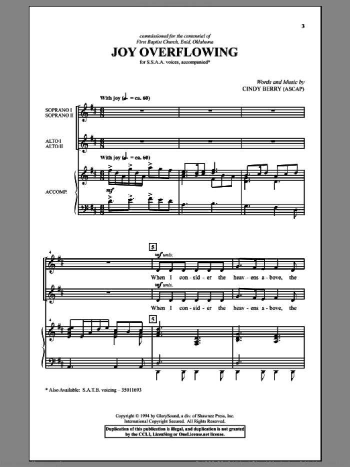 Joy Overflowing sheet music for choir (SSAA: soprano, alto) by Cindy Berry, intermediate skill level