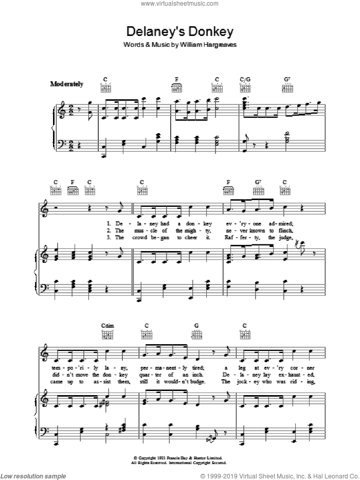 Delaney's Donkey sheet music for voice, piano or guitar by Will Hargreaves, intermediate skill level
