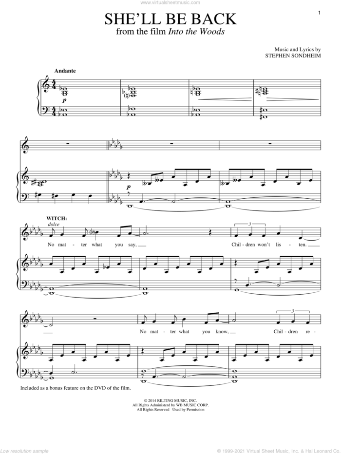 She'll Be Back (from Into The Woods) sheet music for voice and piano by Stephen Sondheim, intermediate skill level