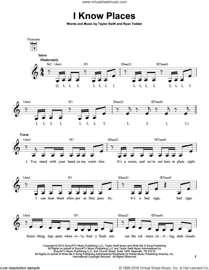 I Know Places sheet music for ukulele by Taylor Swift and Ryan Tedder, intermediate skill level