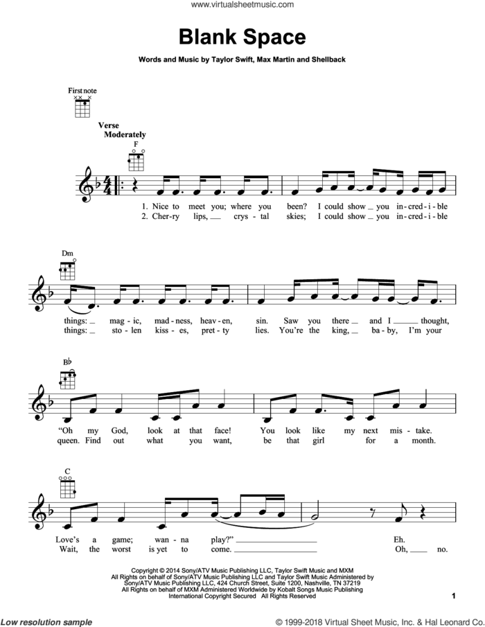 Blank Space sheet music for ukulele by Taylor Swift, Johan Schuster, Max Martin and Shellback, intermediate skill level
