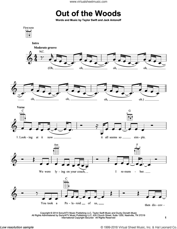 Out Of The Woods sheet music for ukulele by Taylor Swift and Jack Antonoff, intermediate skill level