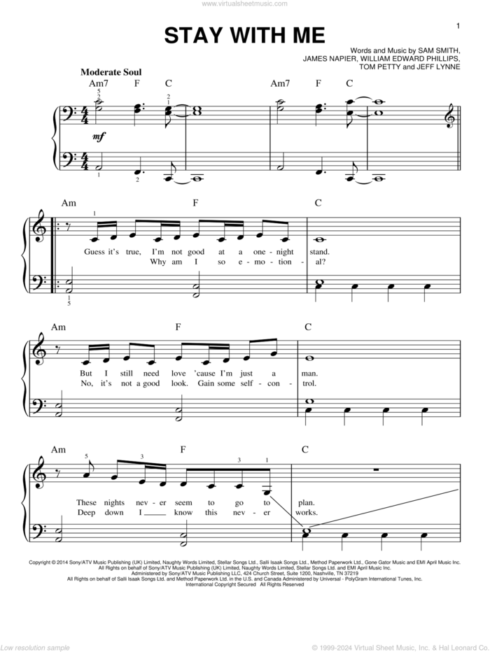 Stay With Me, (easy) sheet music for piano solo by Sam Smith, James Napier and William Edward Phillips, easy skill level