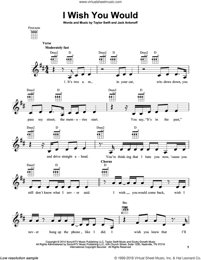 I Wish You Would sheet music for ukulele by Taylor Swift and Jack Antonoff, intermediate skill level