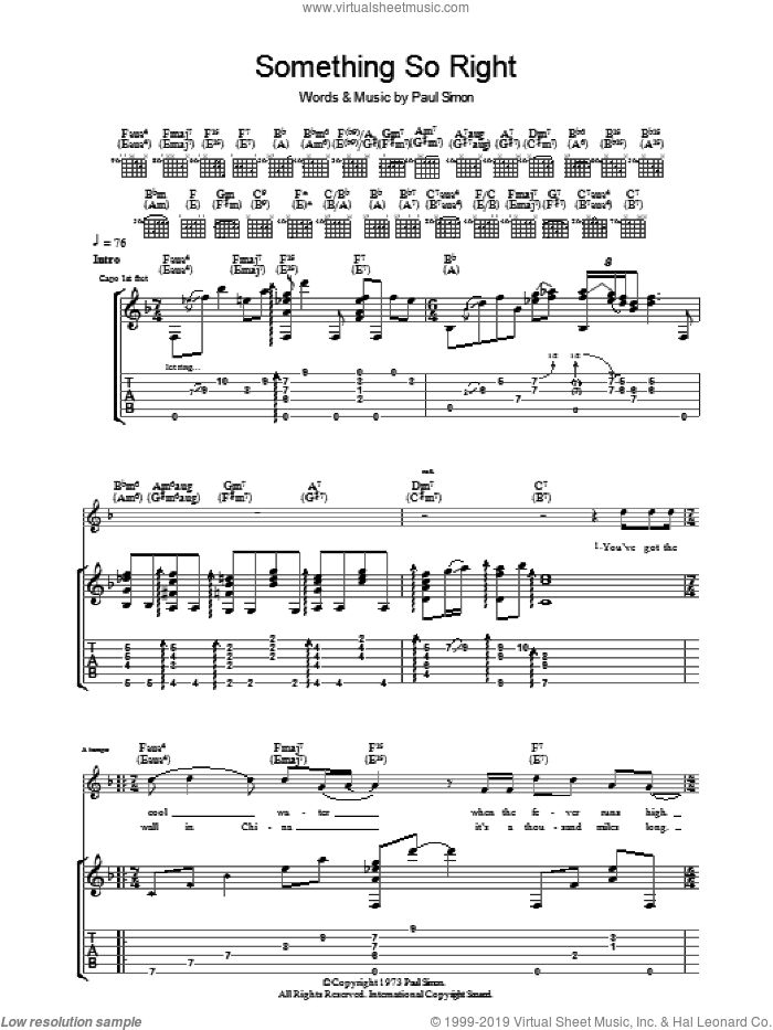 Something So Right sheet music for guitar (tablature) by Paul Simon, intermediate skill level