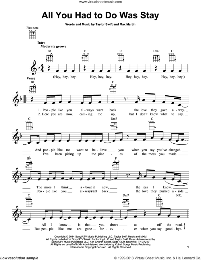 All You Had To Do Was Stay sheet music for ukulele by Taylor Swift and Max Martin, intermediate skill level
