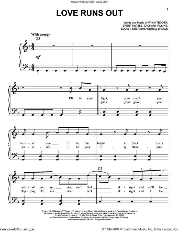 Love Runs Out sheet music for piano solo by OneRepublic, Andrew Brown, Brent Kutzle, Eddie Fisher, Ryan Tedder and Zack Filkins, beginner skill level