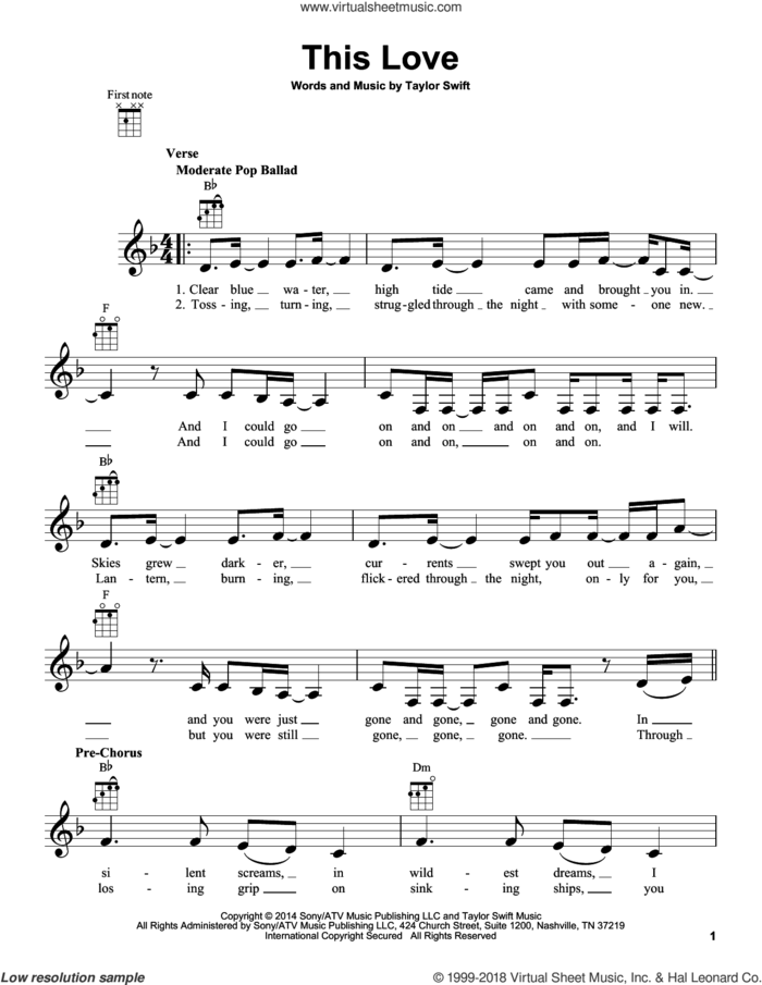 This Love sheet music for ukulele by Taylor Swift, intermediate skill level