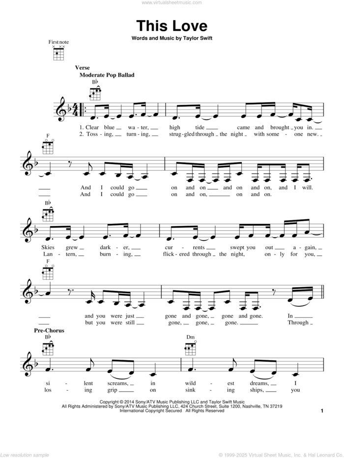 This Love sheet music for ukulele by Taylor Swift, intermediate skill level