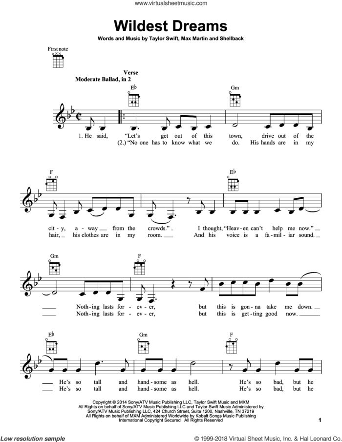 Wildest Dreams sheet music for ukulele by Taylor Swift, Johan Schuster, Max Martin and Shellback, intermediate skill level