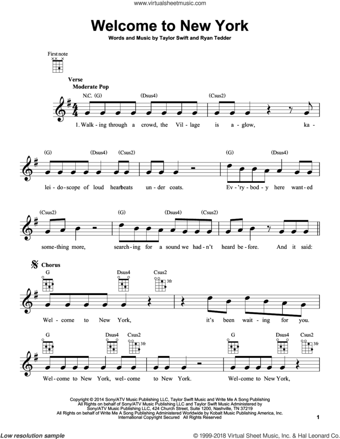Welcome To New York sheet music for ukulele by Taylor Swift and Ryan Tedder, intermediate skill level