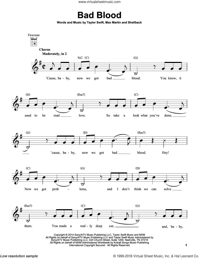 Bad Blood sheet music for ukulele by Taylor Swift, Johan Schuster, Max Martin and Shellback, intermediate skill level