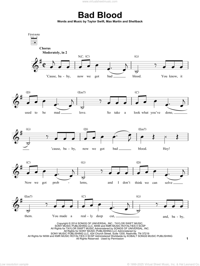 Bad Blood sheet music for ukulele by Taylor Swift, Johan Schuster, Max Martin and Shellback, intermediate skill level