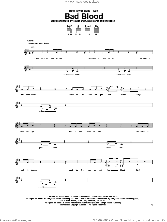 Bad Blood sheet music for guitar (tablature) by Taylor Swift, Johan Schuster, Max Martin and Shellback, intermediate skill level