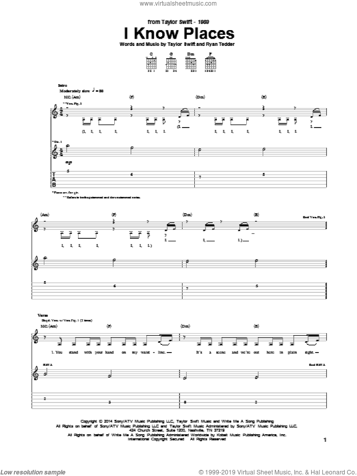 I Know Places sheet music for guitar (tablature) by Taylor Swift and Ryan Tedder, intermediate skill level