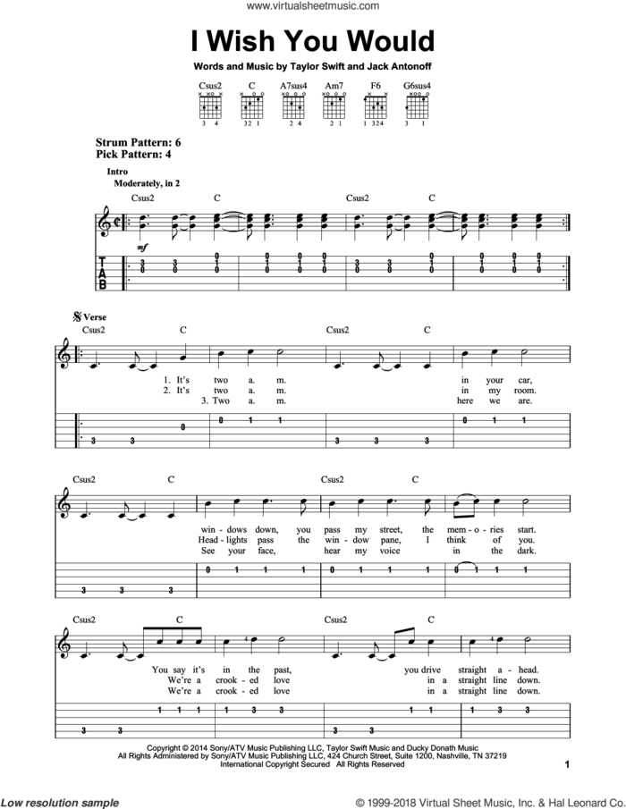 I Wish You Would sheet music for guitar solo (easy tablature) by Taylor Swift and Jack Antonoff, easy guitar (easy tablature)