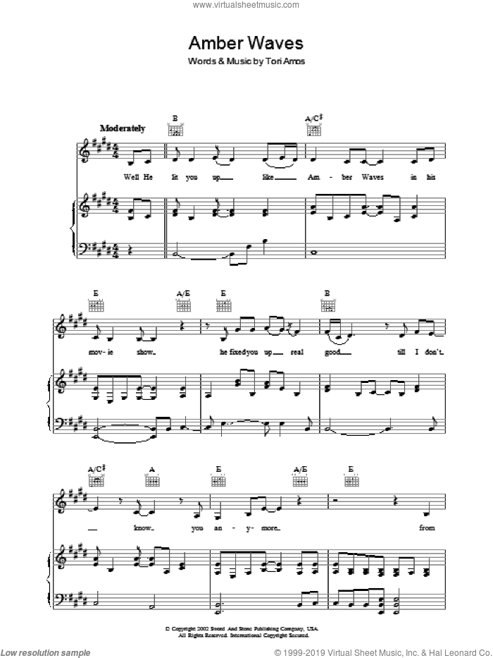 Amber Waves sheet music for voice, piano or guitar by Tori Amos, intermediate skill level