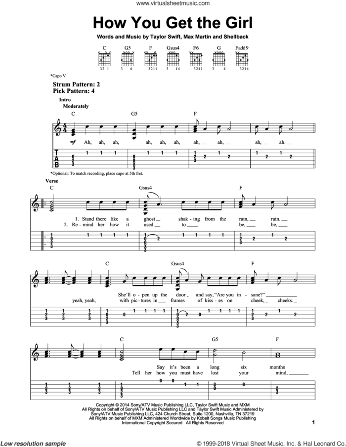 How You Get The Girl sheet music for guitar solo (easy tablature) by Taylor Swift, Johan Schuster, Max Martin and Shellback, easy guitar (easy tablature)