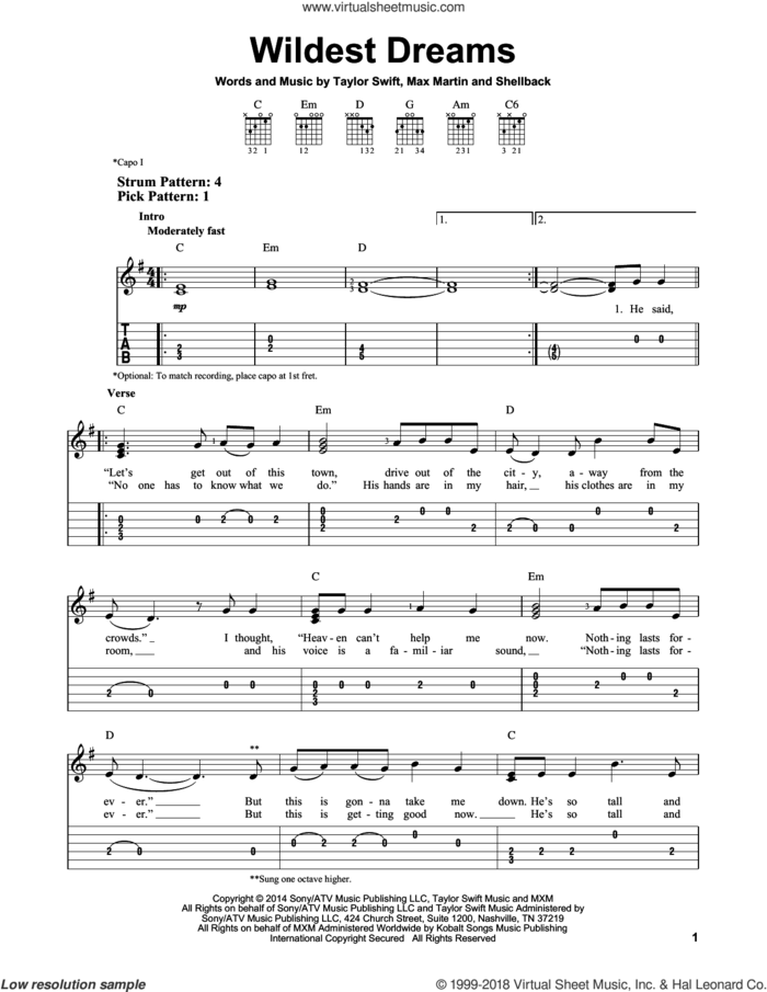 Wildest Dreams sheet music for guitar solo (easy tablature) by Taylor Swift, Johan Schuster, Max Martin and Shellback, easy guitar (easy tablature)