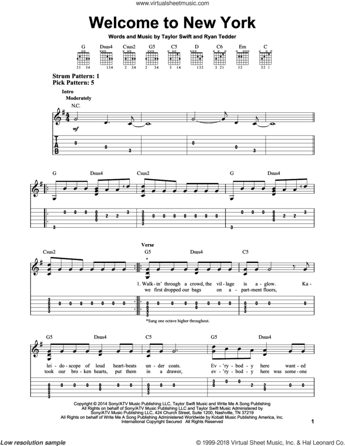 Welcome To New York sheet music for guitar solo (easy tablature) by Taylor Swift and Ryan Tedder, easy guitar (easy tablature)