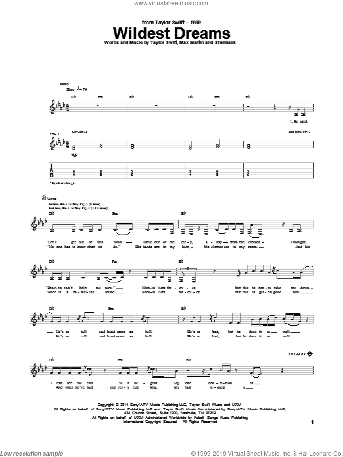 Wildest Dreams sheet music for guitar (tablature) by Taylor Swift, Johan Schuster, Max Martin and Shellback, intermediate skill level