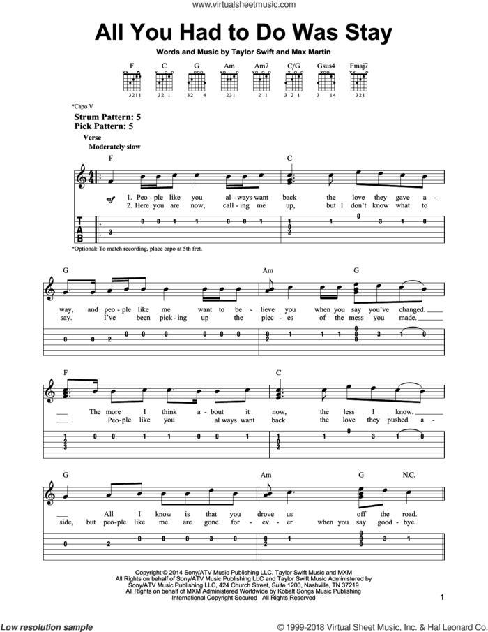 All You Had To Do Was Stay sheet music for guitar solo (easy tablature) by Taylor Swift and Max Martin, easy guitar (easy tablature)