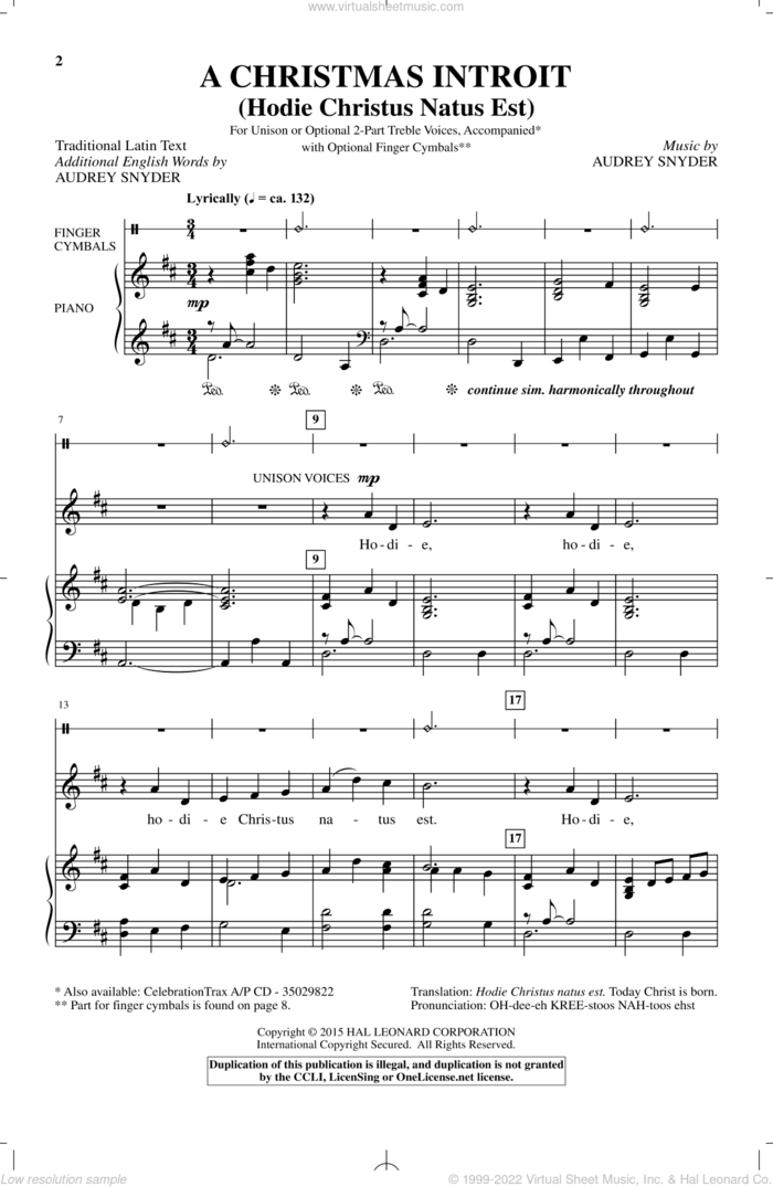 A Christmas Introit (Hodie Christus Natus Est) sheet music for choir (2-Part) by Audrey Snyder, intermediate duet