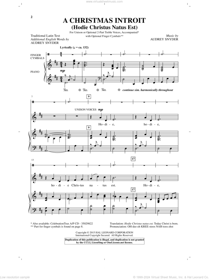 A Christmas Introit (Hodie Christus Natus Est) sheet music for choir (2-Part) by Audrey Snyder, intermediate duet