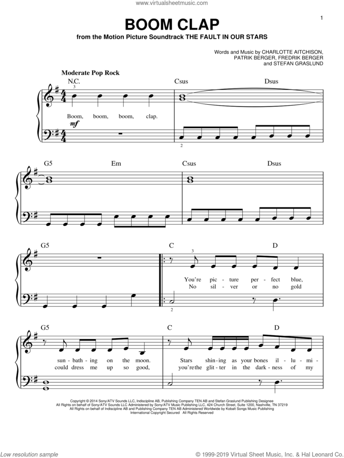 Boom Clap sheet music for piano solo by Charli XCX, Charlotte Aitchison, Fredrik Berger, Patrik Berger and Stefan Graslund, beginner skill level