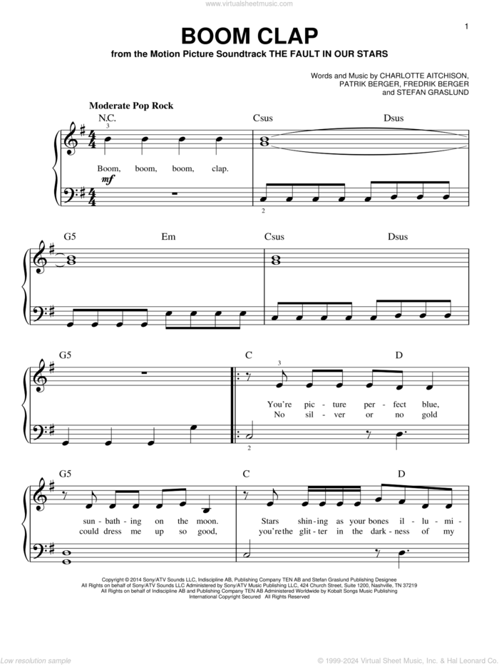 Boom Clap sheet music for piano solo by Charli XCX, Charlotte Aitchison, Fredrik Berger, Patrik Berger and Stefan Graslund, beginner skill level