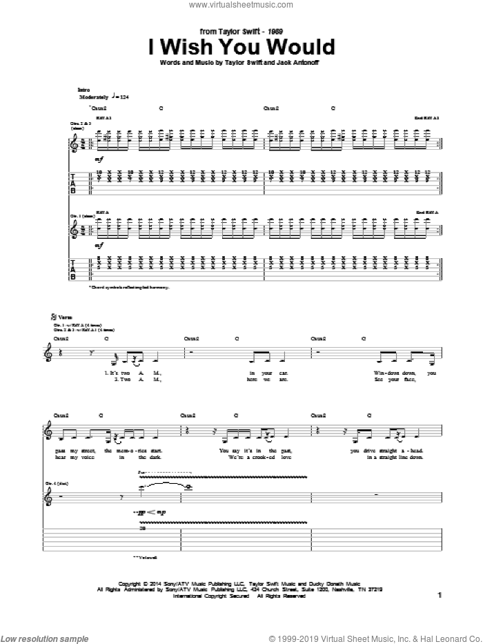I Wish You Would sheet music for guitar (tablature) by Taylor Swift and Jack Antonoff, intermediate skill level