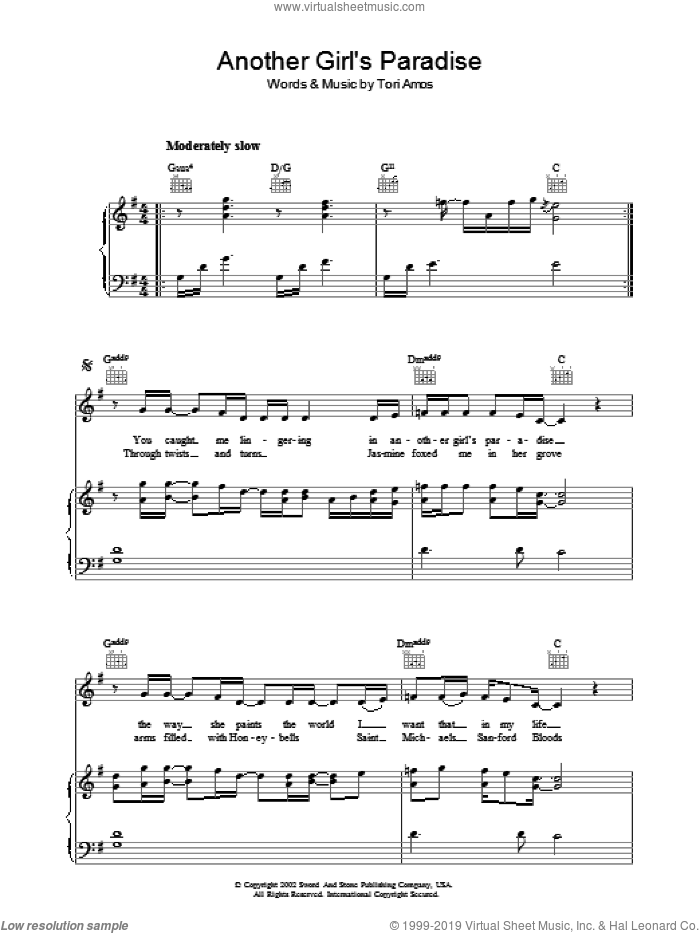 Another Girl's Paradise sheet music for voice, piano or guitar by Tori Amos, intermediate skill level