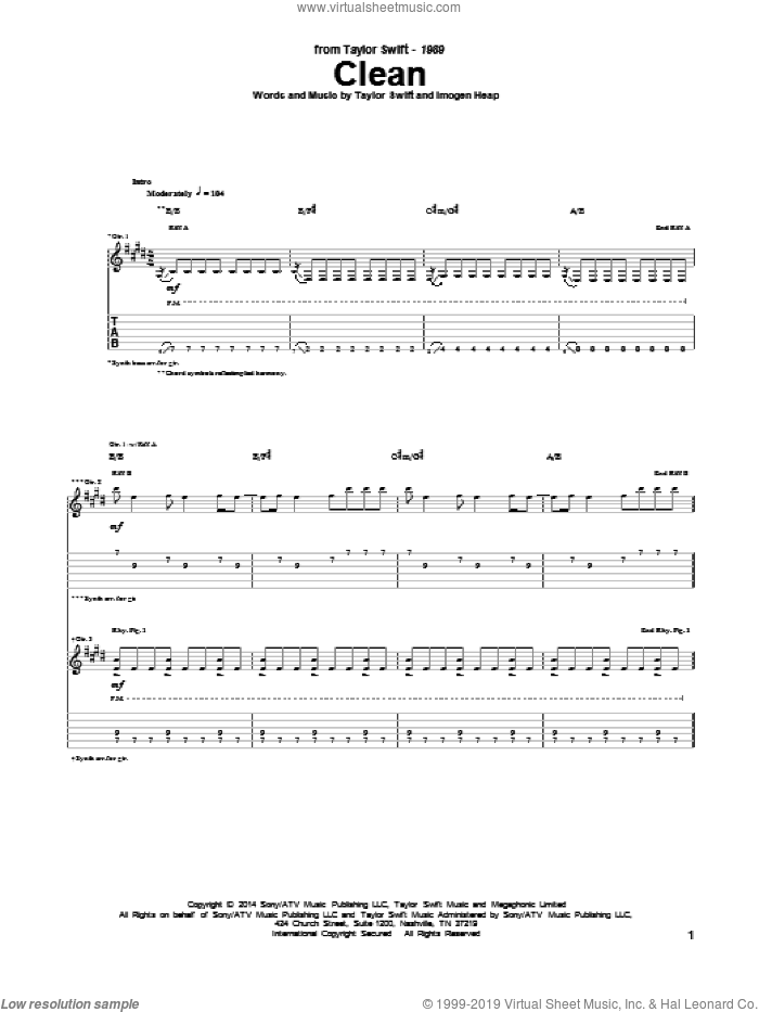 Clean sheet music for guitar (tablature) by Taylor Swift and Imogen Heap, intermediate skill level