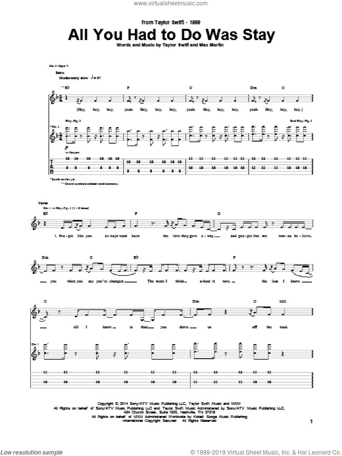 All You Had To Do Was Stay sheet music for guitar (tablature) by Taylor Swift and Max Martin, intermediate skill level