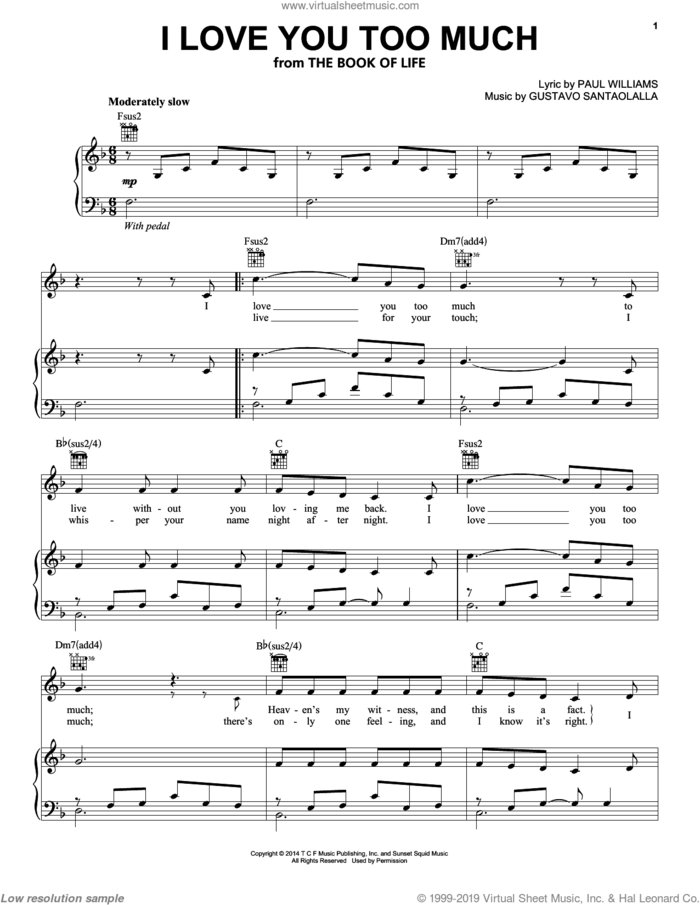 I Love You Too Much sheet music for voice, piano or guitar by Paul Williams, Diego Luna and Gustavo Santaolalla, intermediate skill level