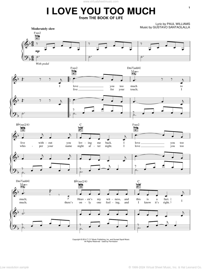 I Love You Too Much sheet music for voice, piano or guitar by Paul Williams, Diego Luna and Gustavo Santaolalla, intermediate skill level