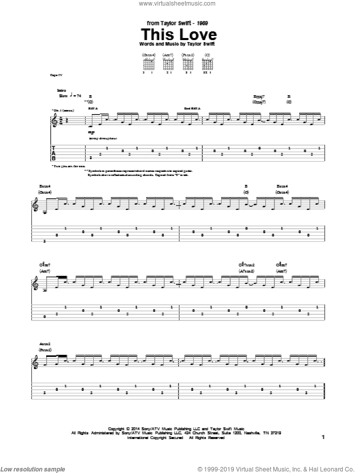 This Love sheet music for guitar (tablature) by Taylor Swift, intermediate skill level