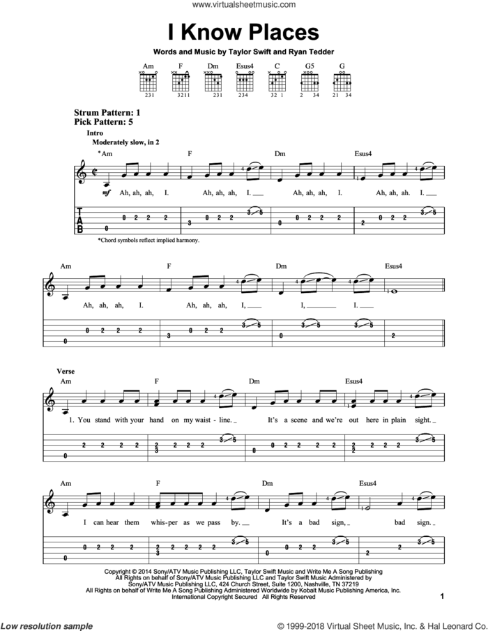 I Know Places sheet music for guitar solo (easy tablature) by Taylor Swift and Ryan Tedder, easy guitar (easy tablature)