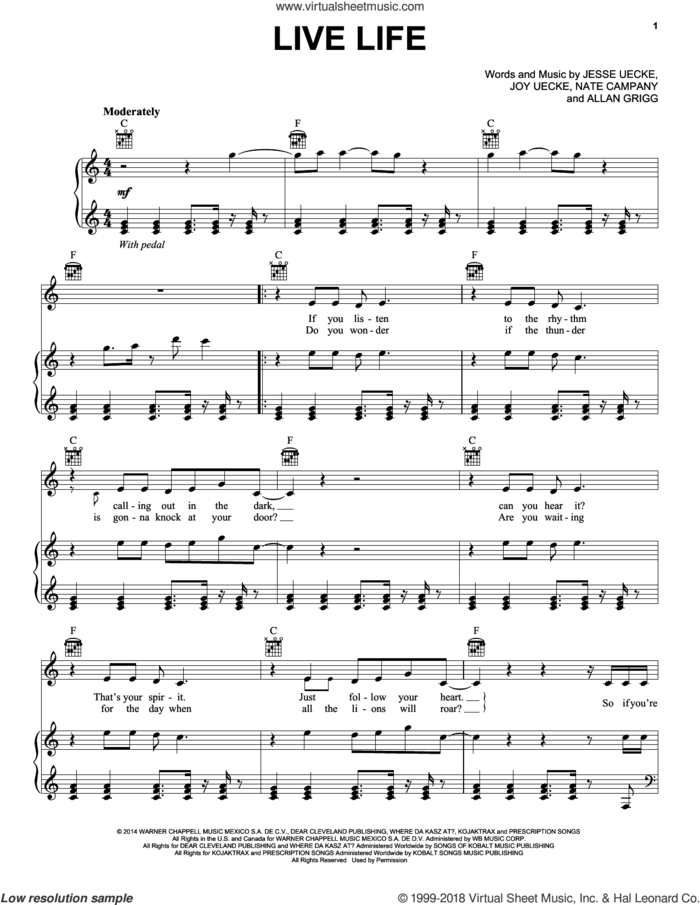 Live Life sheet music for voice, piano or guitar by Jesse & Joy, Allan Grigg, Jesse Uecke, Joy Uecke and Nate Campany, intermediate skill level