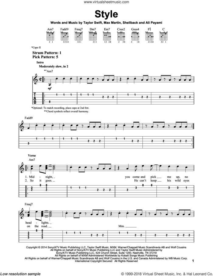 Style sheet music for guitar solo (easy tablature) by Taylor Swift, Ali Payami, Johan Schuster, Max Martin and Shellback, easy guitar (easy tablature)