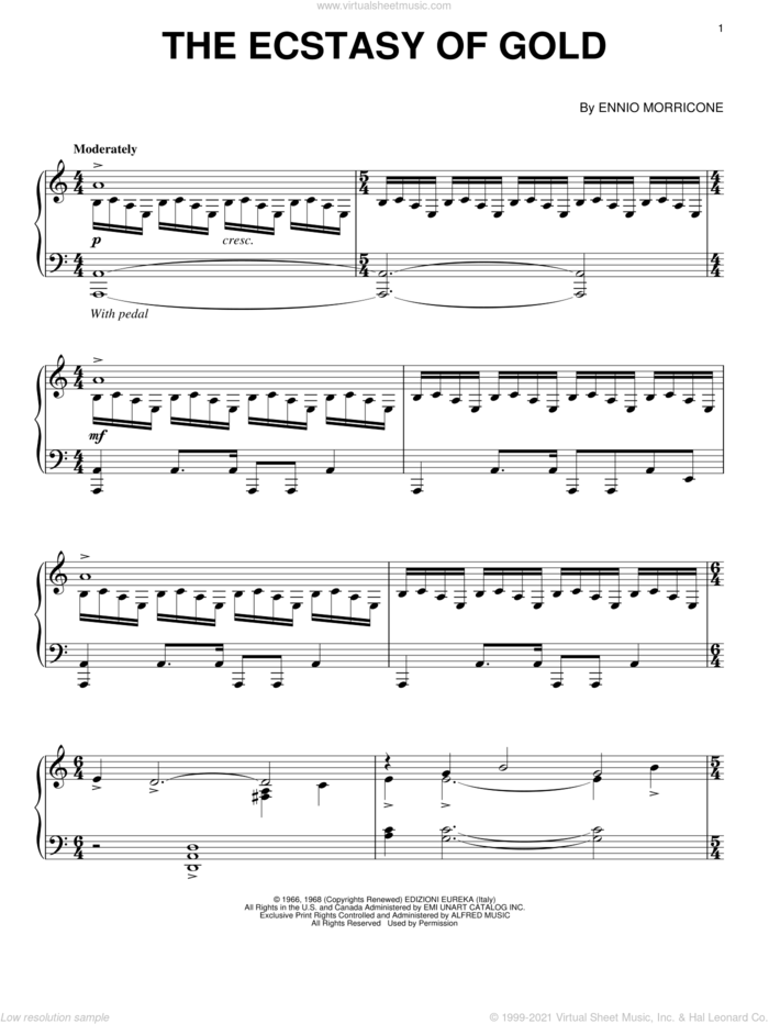 The Ecstasy Of Gold sheet music for piano solo by Ennio Morricone and Metallica, intermediate skill level