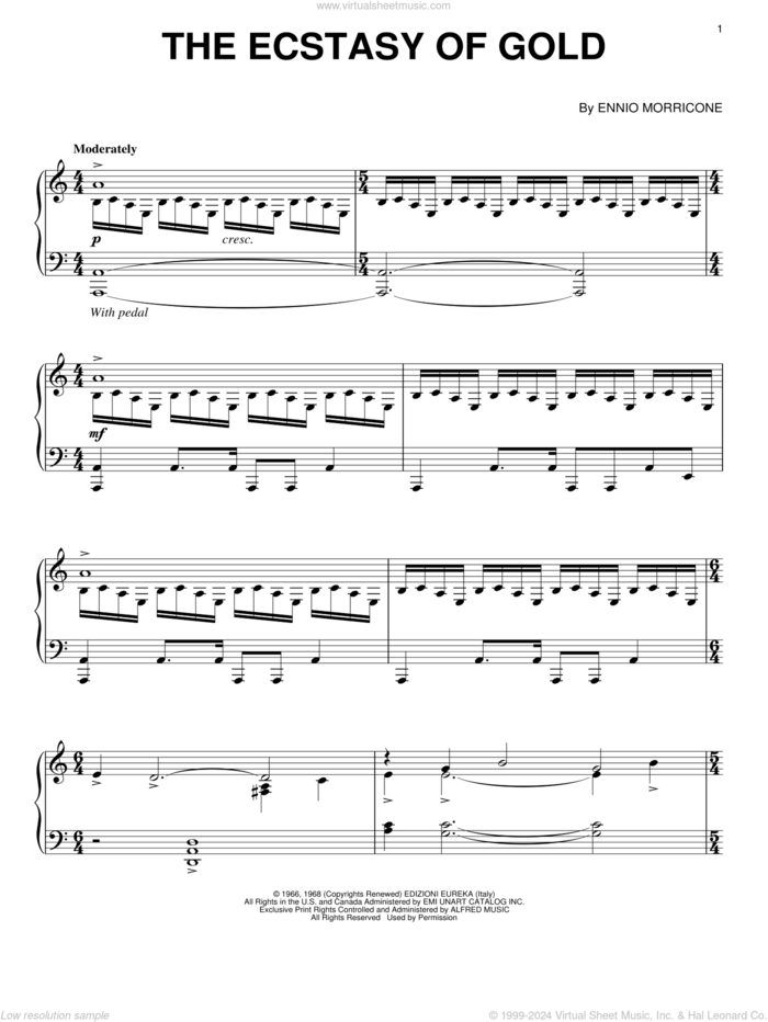 The Ecstasy Of Gold sheet music for piano solo by Ennio Morricone and Metallica, intermediate skill level