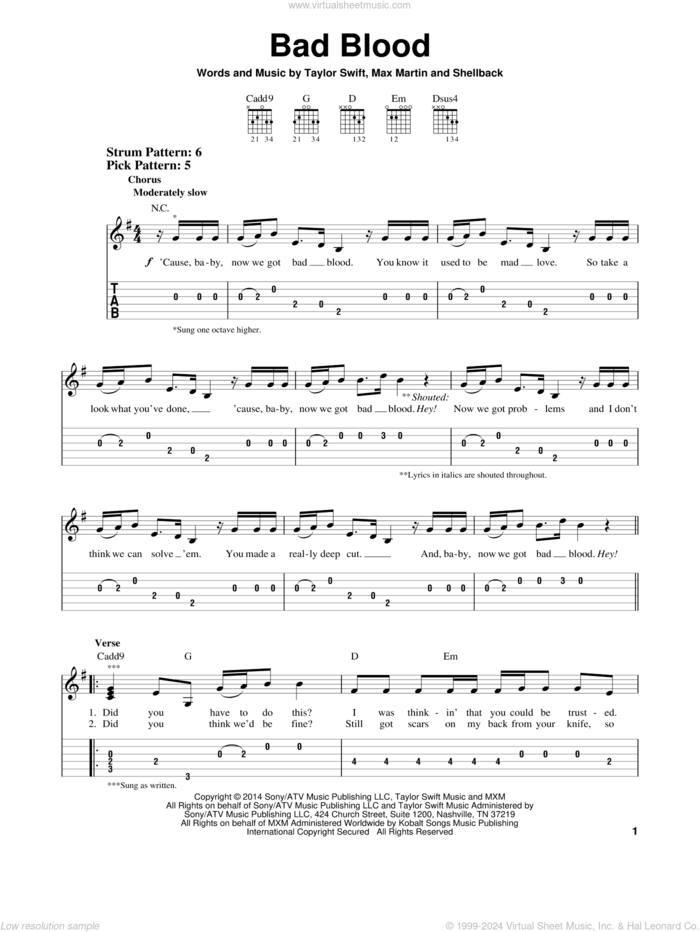 Bad Blood sheet music for guitar solo (easy tablature) by Taylor Swift, Johan Schuster, Max Martin and Shellback, easy guitar (easy tablature)