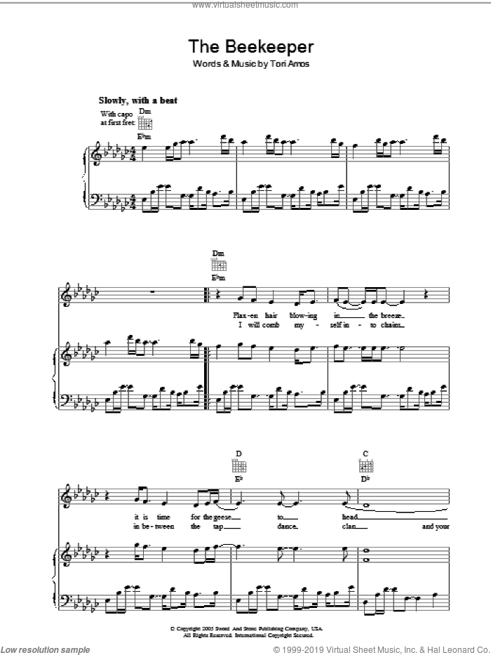 The Beekeeper sheet music for voice, piano or guitar by Tori Amos, intermediate skill level