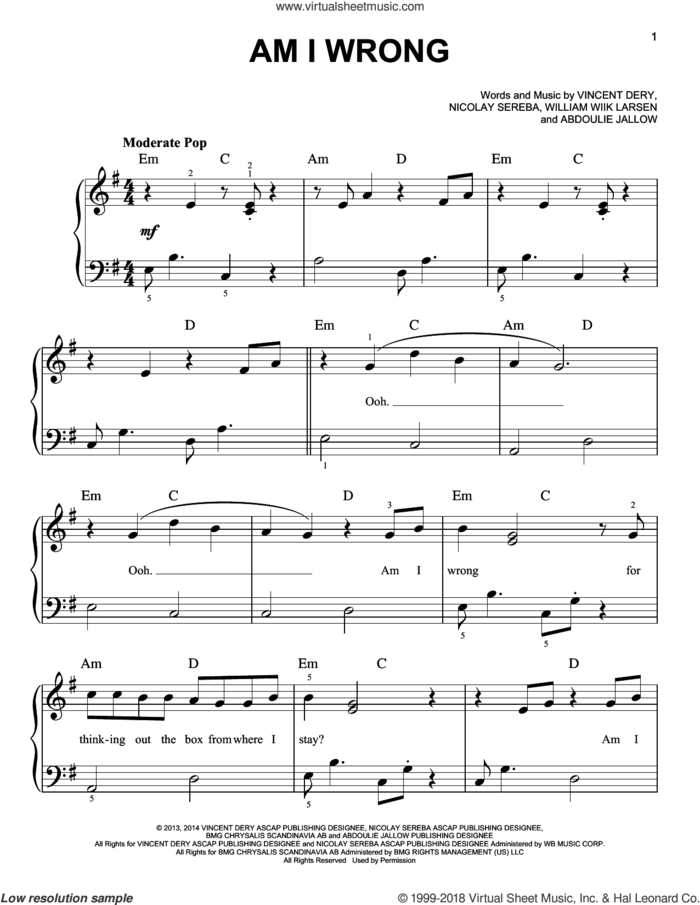 Am I Wrong sheet music for piano solo by Nico & Vinz, Abdoulie Jallow, Nicolay Sereba, Vincent Dery and William Larsen, beginner skill level