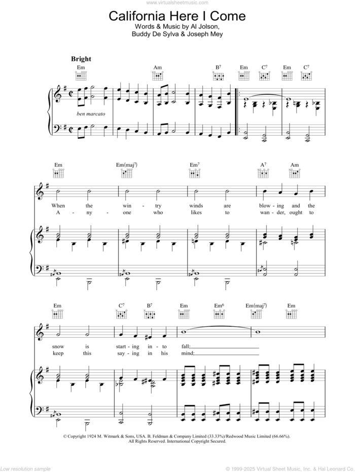 California Here I Come sheet music for voice, piano or guitar by Al Jolson, B.G. De Sylva and Joseph Meyer, intermediate skill level