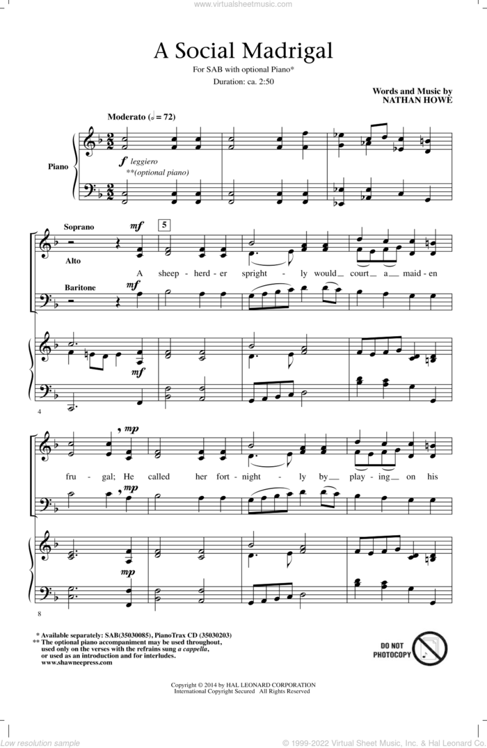 A Social Madrigal sheet music for choir (SAB: soprano, alto, bass) by Nathan Howe, intermediate skill level