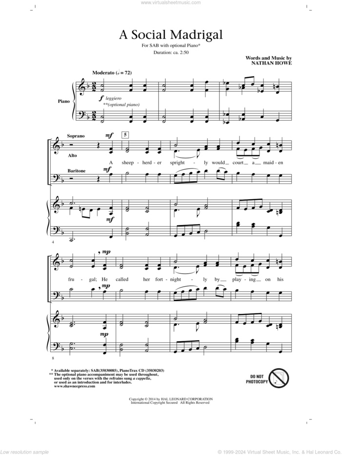 A Social Madrigal sheet music for choir (SAB: soprano, alto, bass) by Nathan Howe, intermediate skill level